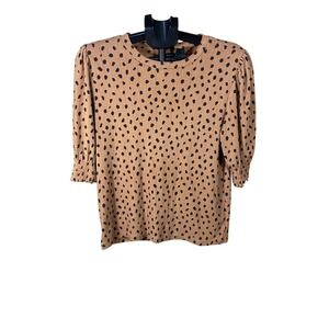 Lucky Brand Women's Top Size L Brown Black Dot 3/4 Sleeve Crew Neck